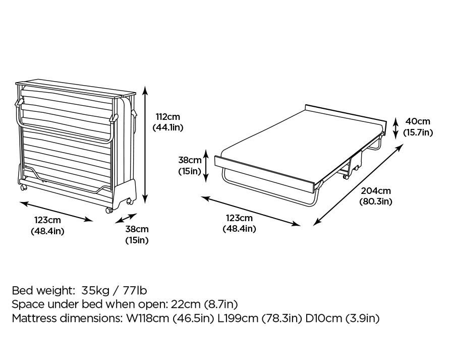 Hero Folding Bed Double with Performance Airflow Mattress, dimensions